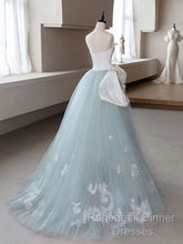 A-Line Blue Tulle Lace Applique Long Semi Formal Prom Dress, Blue Long Formal Dress